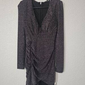 Entry Long Sleeve Ruched V-Neck Shimmer Dress - Black with Silver Sparkle